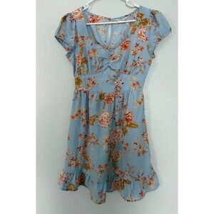 Indulge Floral Print Blue Short Sleeve Ruffle Hem Dress Women's Size M